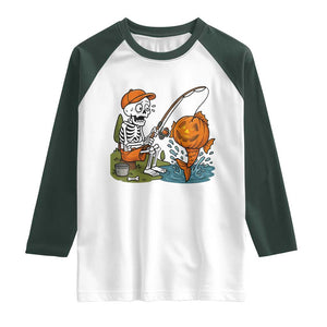 Halloween Fishing Lover Raglan Shirt Skeleton Humor Gift TS12 White Dark Forest Green Print Your Wear