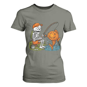 Halloween Fishing Lover T Shirt For Women Skeleton Humor Gift TS12 Military Green Print Your Wear