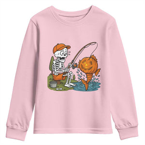 Halloween Fishing Lover Youth Sweatshirt Skeleton Humor Gift TS12 Light Pink Print Your Wear