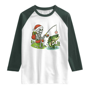 Christmas Skeleton Fishing Raglan Shirt Funny Holiday Gift TS12 White Dark Forest Green Print Your Wear