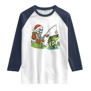 Christmas Skeleton Fishing Raglan Shirt Funny Holiday Gift TS12 White Navy Print Your Wear