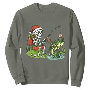 Christmas Skeleton Fishing Sweatshirt Funny Holiday Gift TS12 Military Green Print Your Wear