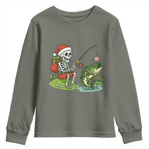 Christmas Skeleton Fishing Youth Sweatshirt Funny Holiday Gift TS12 Military Green Print Your Wear