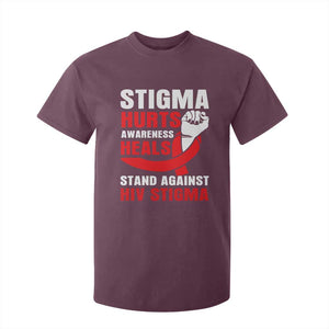 Stigma Hurts Awareness Heals T Shirt For Kid HIV Awareness Red Ribbon Support Gift TS12 Maroon Print Your Wear