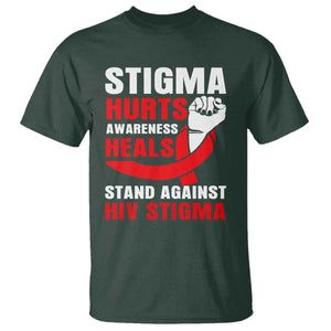 Stigma Hurts Awareness Heals T Shirt HIV Awareness Red Ribbon Support Gift TS12 Dark Forest Green Print Your Wear