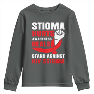 Stigma Hurts Awareness Heals Youth Sweatshirt HIV Awareness Red Ribbon Support Gift TS12 Dark Heather Print Your Wear