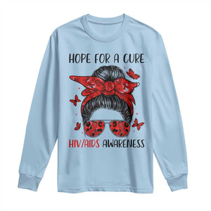 Hope For A Cure HIV Awareness Long Sleeve Shirt Strong Woman Red Ribbon Gift TS12 Light Blue Print Your Wear