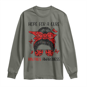 Hope For A Cure HIV Awareness Long Sleeve Shirt Strong Woman Red Ribbon Gift TS12 Military Green Print Your Wear