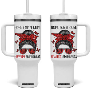 Hope For A Cure HIV Awareness Tumbler With Handle Strong Woman Red Ribbon Gift TS12 One Size: 40 oz White Print Your Wear