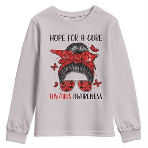 Hope For A Cure HIV Awareness Youth Sweatshirt Strong Woman Red Ribbon Gift TS12 Ice Gray Print Your Wear