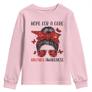 Hope For A Cure HIV Awareness Youth Sweatshirt Strong Woman Red Ribbon Gift TS12 Light Pink Print Your Wear