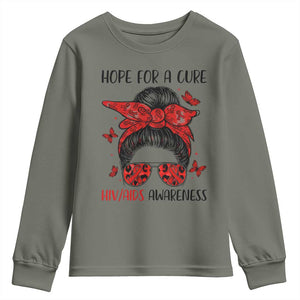Hope For A Cure HIV Awareness Youth Sweatshirt Strong Woman Red Ribbon Gift TS12 Military Green Print Your Wear