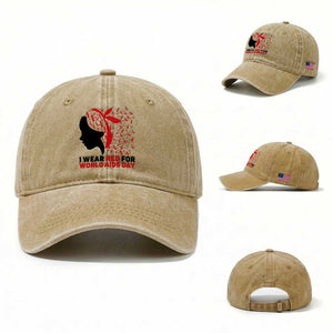 I Wear Red For World AIDS Day Washed Cotton Baseball Cap HIV Awareness Dragonfly Support Gift TS12 Washed Cap Universal Fit Khaki Print Your Wear