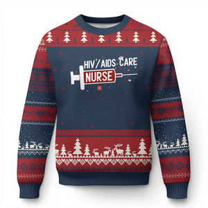 HIV AIDS Care Nurse Ugly Christmas Sweater Red Ribbon Support Gift TS12 Navy Red Print Your Wear