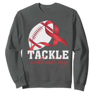 Tackle World AIDS Day Sweatshirt Red Ribbon Football Awareness Gift TS12 Dark Heather Print Your Wear