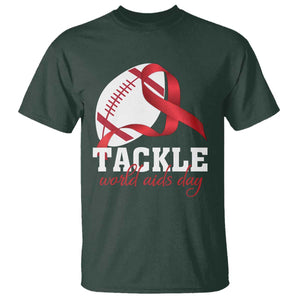 Tackle World AIDS Day T Shirt Red Ribbon Football Awareness Gift TS12 Dark Forest Green Print Your Wear