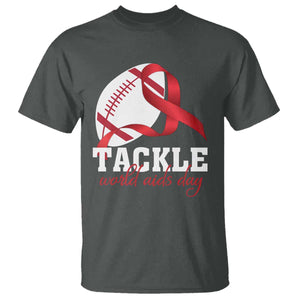 Tackle World AIDS Day T Shirt Red Ribbon Football Awareness Gift TS12 Dark Heather Print Your Wear