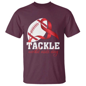 Tackle World AIDS Day T Shirt Red Ribbon Football Awareness Gift TS12 Maroon Print Your Wear
