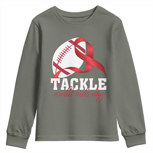 Tackle World AIDS Day Youth Sweatshirt Red Ribbon Football Awareness Gift TS12 Military Green Print Your Wear