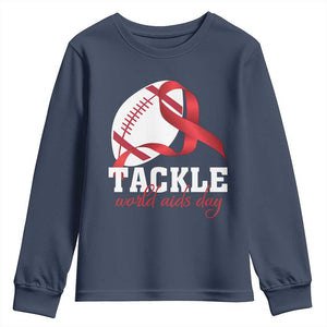 Tackle World AIDS Day Youth Sweatshirt Red Ribbon Football Awareness Gift TS12 Navy Print Your Wear