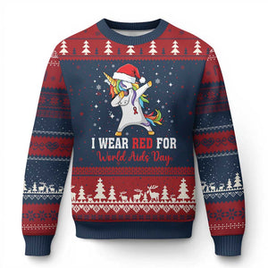 I Wear Red For World AIDS Day Ugly Christmas Sweater Santa Unicorn Dabbing Xmas Gift TS12 Navy Red Print Your Wear