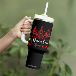 In December We Wear Red Tumbler With Handle HIV Awareness Christmas Ribbon Tree Gift TS12 Print Your Wear