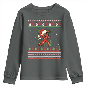 Santa Red Ribbon HIV Awareness Youth Sweatshirt Ugly Sweater Christmas Gift TS12 Dark Heather Print Your Wear