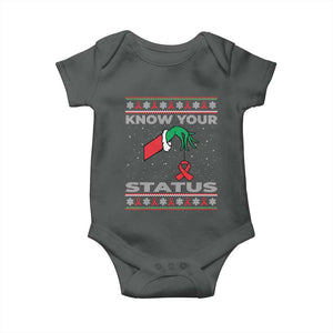 Funny Know Your Status Green Hand Baby Onesie Red Ribbon HIV Ugly Sweater Gift TS12 Dark Heather Print Your Wear