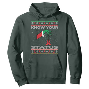 Funny Know Your Status Green Hand Hoodie Red Ribbon HIV Ugly Sweater Gift TS12 Dark Forest Green Print Your Wear