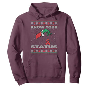 Funny Know Your Status Green Hand Hoodie Red Ribbon HIV Ugly Sweater Gift TS12 Maroon Print Your Wear