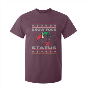 Funny Know Your Status Green Hand T Shirt For Kid Red Ribbon HIV Ugly Sweater Gift TS12 Maroon Print Your Wear