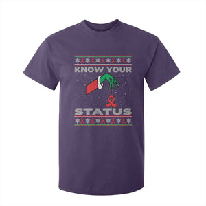 Funny Know Your Status Green Hand T Shirt For Kid Red Ribbon HIV Ugly Sweater Gift TS12 Purple Print Your Wear