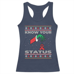 Funny Know Your Status Green Hand Racerback Tank Top Red Ribbon HIV Ugly Sweater Gift TS12 Navy Print Your Wear