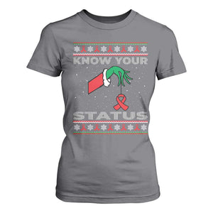 Funny Know Your Status Green Hand T Shirt For Women Red Ribbon HIV Ugly Sweater Gift TS12 Charcoal Print Your Wear
