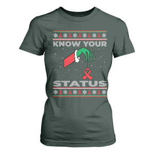 Funny Know Your Status Green Hand T Shirt For Women Red Ribbon HIV Ugly Sweater Gift TS12 Dark Forest Green Print Your Wear