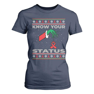 Funny Know Your Status Green Hand T Shirt For Women Red Ribbon HIV Ugly Sweater Gift TS12 Navy Print Your Wear