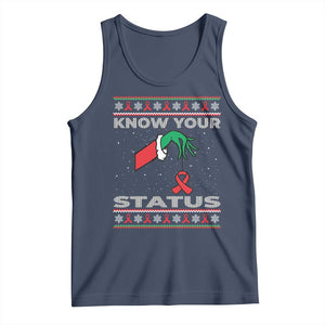 Funny Know Your Status Green Hand Tank Top Red Ribbon HIV Ugly Sweater Gift TS12 Navy Print Your Wear