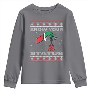 Funny Know Your Status Green Hand Youth Sweatshirt Red Ribbon HIV Ugly Sweater Gift TS12 Charcoal Print Your Wear