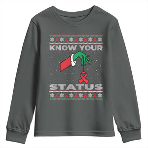 Funny Know Your Status Green Hand Youth Sweatshirt Red Ribbon HIV Ugly Sweater Gift TS12 Dark Heather Print Your Wear