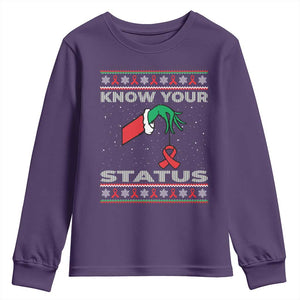 Funny Know Your Status Green Hand Youth Sweatshirt Red Ribbon HIV Ugly Sweater Gift TS12 Purple Print Your Wear