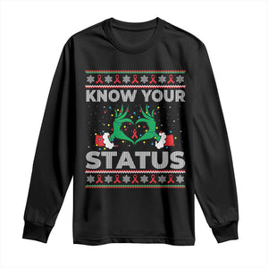 Know Your Status HIV Awareness Gift Long Sleeve Shirt Ugly Sweater Green Hand Red Ribbon TS12 Black Print Your Wear
