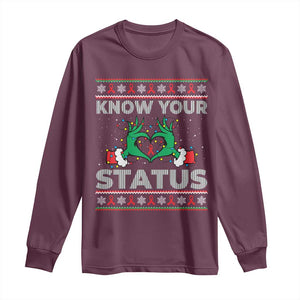 Know Your Status HIV Awareness Gift Long Sleeve Shirt Ugly Sweater Green Hand Red Ribbon TS12 Maroon Print Your Wear