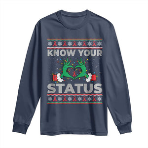 Know Your Status HIV Awareness Gift Long Sleeve Shirt Ugly Sweater Green Hand Red Ribbon TS12 Navy Print Your Wear
