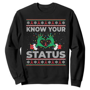 Know Your Status HIV Awareness Gift Sweatshirt Ugly Sweater Green Hand Red Ribbon TS12 Black Print Your Wear