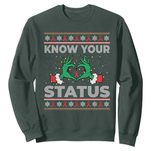 Know Your Status HIV Awareness Gift Sweatshirt Ugly Sweater Green Hand Red Ribbon TS12 Dark Forest Green Print Your Wear