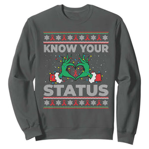 Know Your Status HIV Awareness Gift Sweatshirt Ugly Sweater Green Hand Red Ribbon TS12 Dark Heather Print Your Wear
