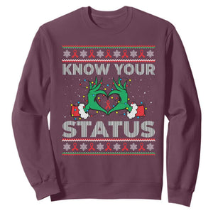 Know Your Status HIV Awareness Gift Sweatshirt Ugly Sweater Green Hand Red Ribbon TS12 Maroon Print Your Wear