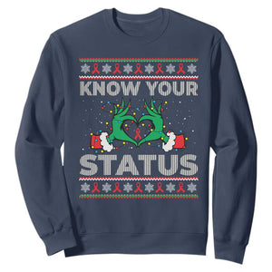 Know Your Status HIV Awareness Gift Sweatshirt Ugly Sweater Green Hand Red Ribbon TS12 Navy Print Your Wear