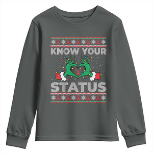 Know Your Status HIV Awareness Gift Youth Sweatshirt Ugly Sweater Green Hand Red Ribbon TS12 Dark Heather Print Your Wear