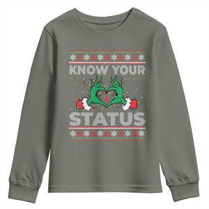 Know Your Status HIV Awareness Gift Youth Sweatshirt Ugly Sweater Green Hand Red Ribbon TS12 Military Green Print Your Wear